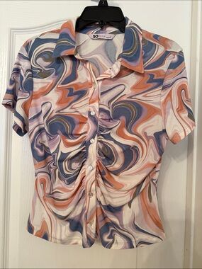 SO Swirl Ruched Button-Down Top — Peach, Blue & Cream
